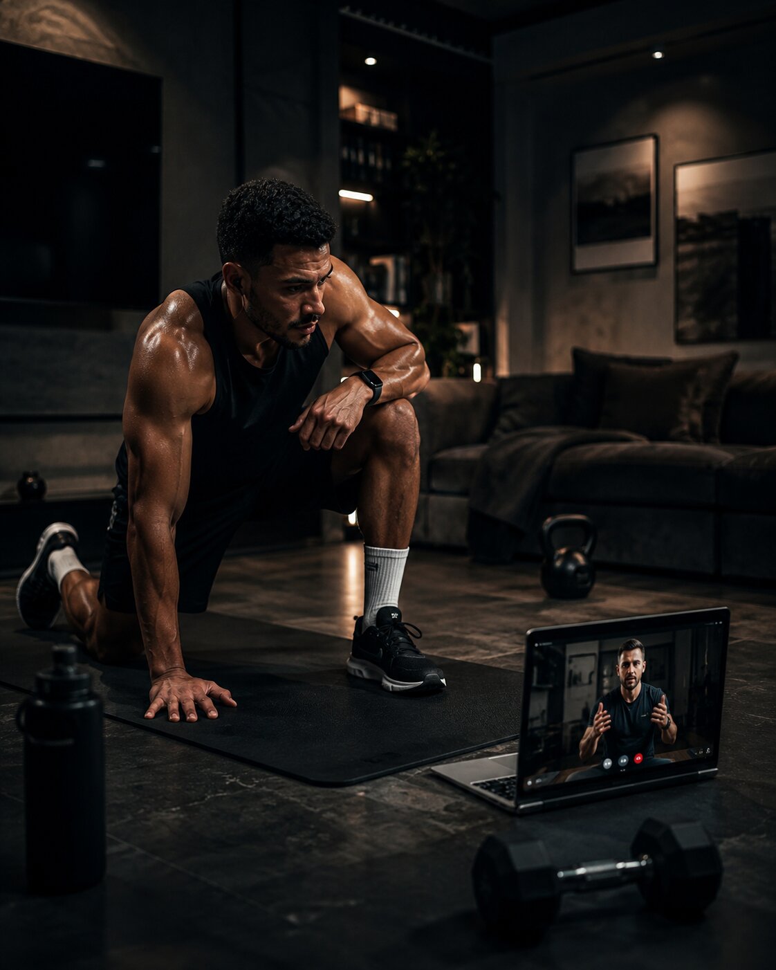 Atleet traint thuis met laptop-videocall met de coach